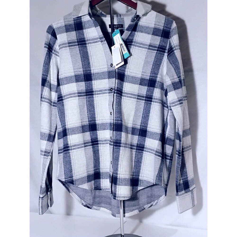 Flag & Anthem Blue & White Plaid Women's Flannel Shirt Size Small NWT